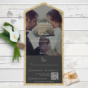 Modern Gold Glitter Black Photo QR Code All In One Invitation