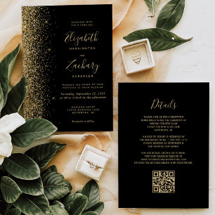 Modern Gold Glitter Black QR Code Wedding Invitation