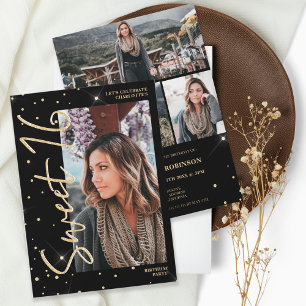 Modern gold glitter black script 4 photos Sweet 16 Invitation