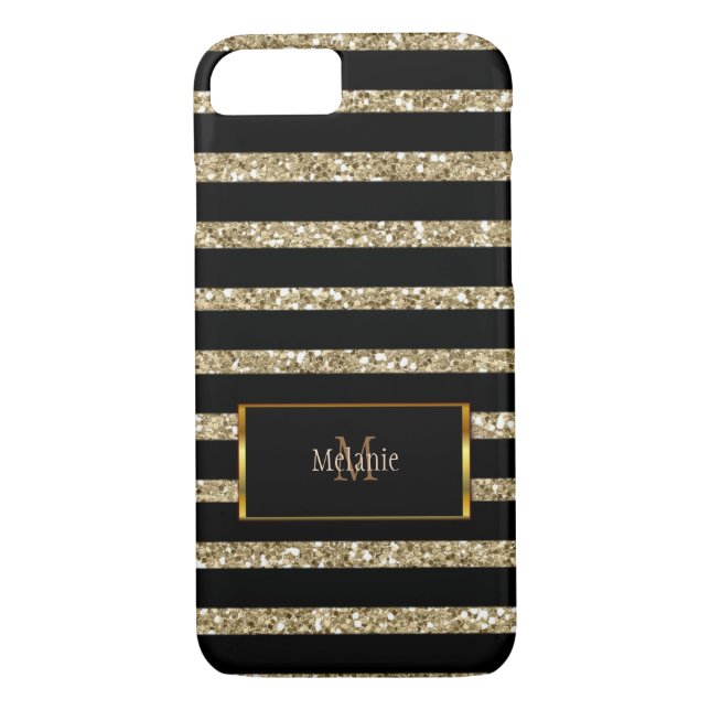 Modern gold glitter black stripes monogram name Case-Mate iPhone case (Back)