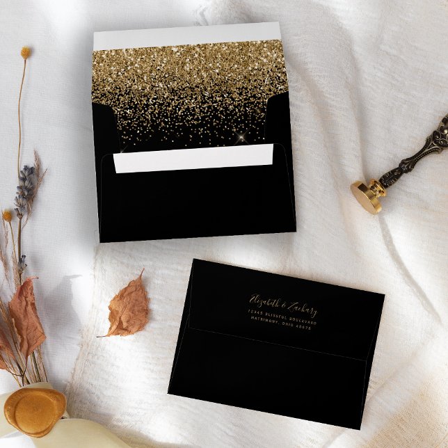 Modern Gold Glitter Black Wedding Envelope (Creator Uploaded)