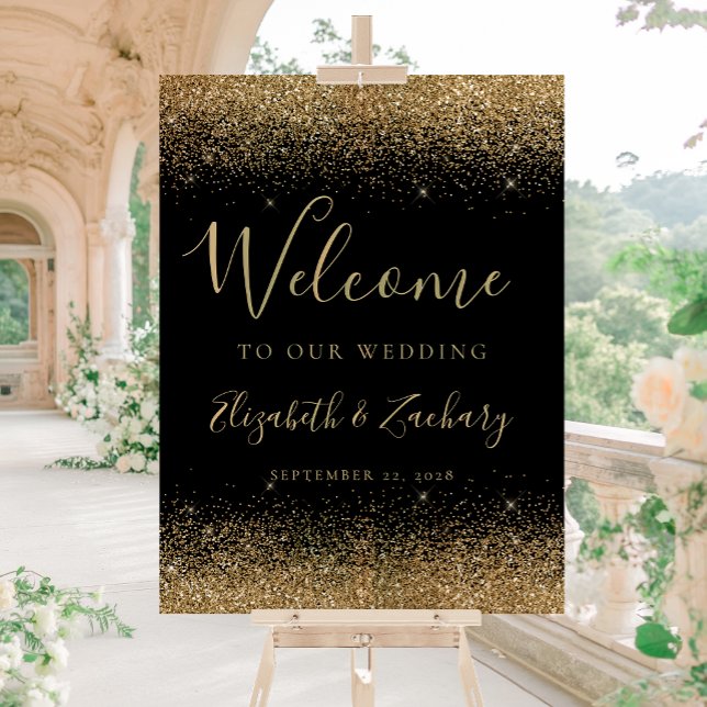 Modern Gold Glitter Black Wedding Welcome Acrylic Sign (Creator Uploaded)