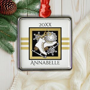 Modern Gold Glitter Black White Ice Skating Metal Ornament