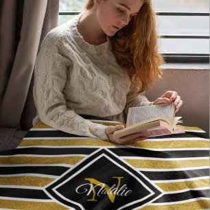 Modern Gold Glitter Black White Stripes Monogram Fleece Blanket