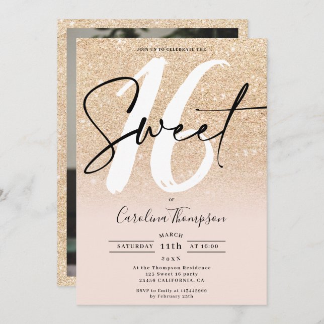 Modern gold glitter border script photo Sweet 16 Invitation (Front/Back)