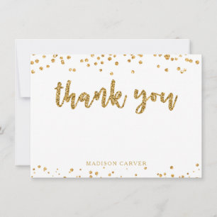 Modern Gold Glitter Brush Script and Confetti Thank You Card