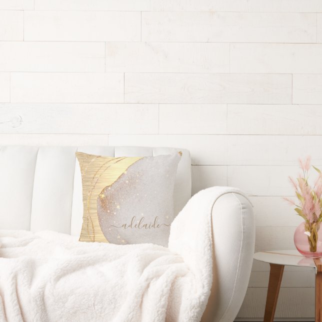 Modern Gold Glitter Brushed Metal Monogram Name Cushion (Couch)