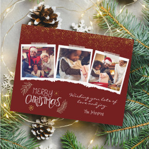 Modern Gold Glitter Burgundy Merry Christmas Photo Holiday Card
