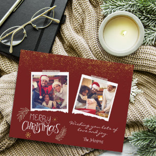 Modern Gold Glitter Burgundy Merry Christmas Photo Holiday Card