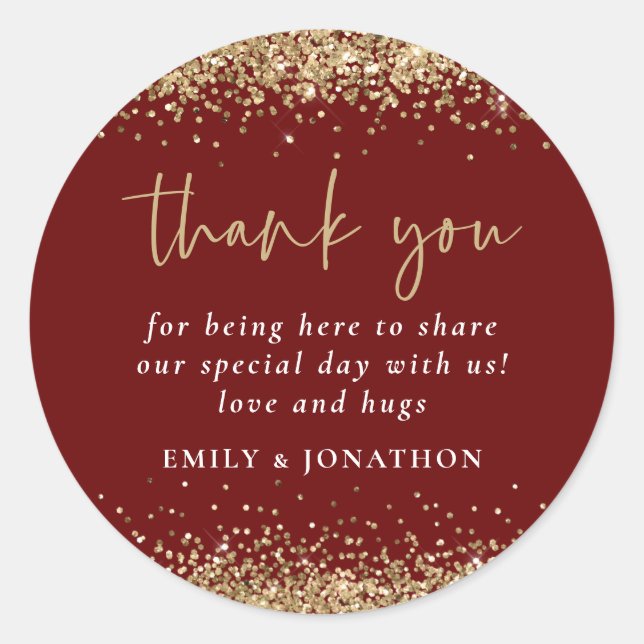 Modern Gold Glitter Burgundy Thank You Message Classic Round Sticker (Front)
