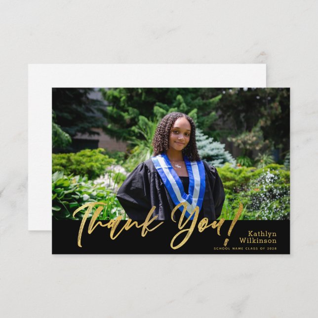 Modern Gold Glitter Calligraphy Photo Graduation Thank You Card (Front/Back)