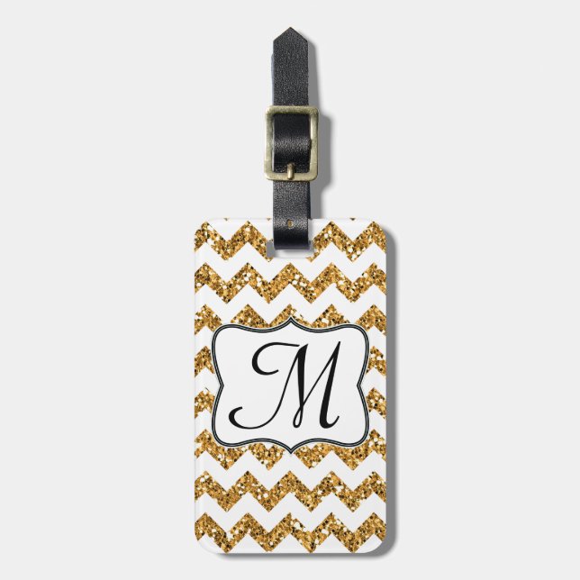 Modern Gold Glitter Chevron Monogram Luggage Tag (Front Vertical)