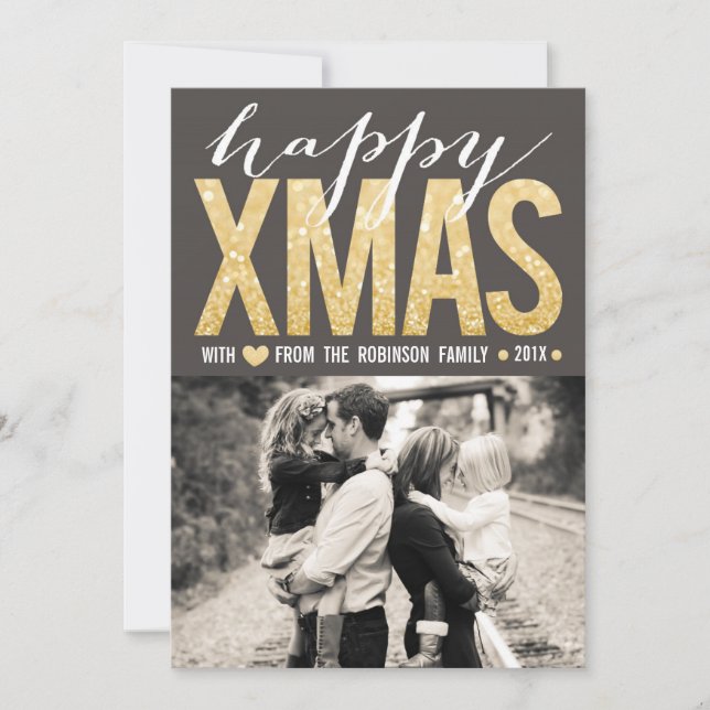 Modern Gold Glitter Christmas Photo Flat Card (Front)