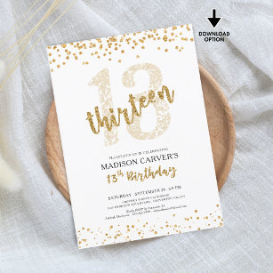 Modern Gold Glitter Confetti 13th Birthday Invitation