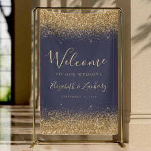 Modern Gold Glitter Dark Blue Wedding Welcome Banner