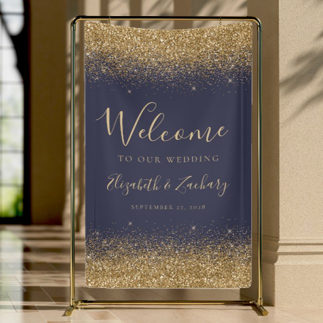 Modern Gold Glitter Dark Blue Wedding Welcome Banner (Creator Uploaded)