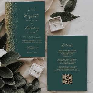 Modern Gold Glitter Dark Green QR Code Wedding Invitation
