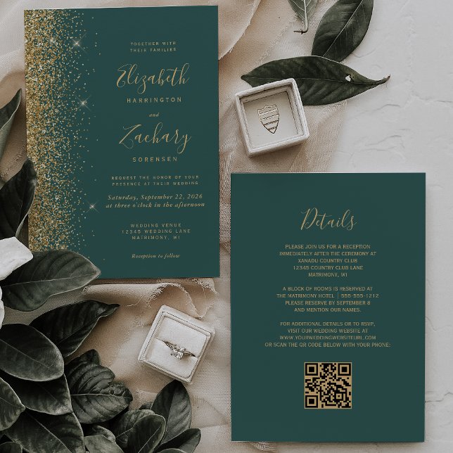 Modern Gold Glitter Dark Green QR Code Wedding Invitation (Creator Uploaded)