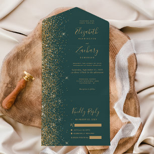 Modern Gold Glitter Dark Green Wedding All In One Invitation