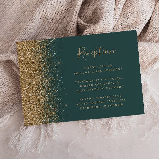 Modern Gold Glitter Dark Green Wedding Reception Enclosure Card (Creator Uploaded)