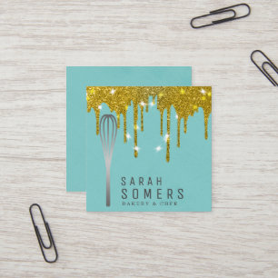 Modern Gold Glitter Drip Whisk Bakery Square Business Card