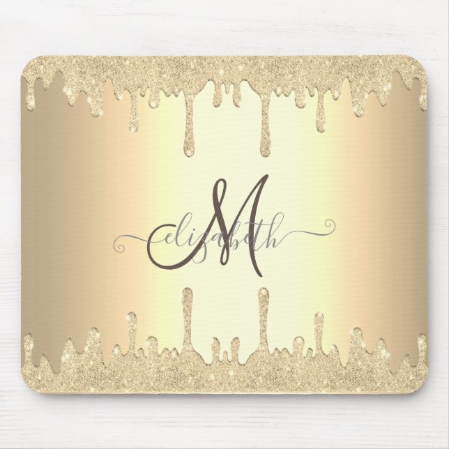 Modern Gold Glitter Drips Gold Monogram Mouse Pad (Front)