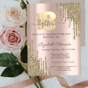 Modern Gold Glitter Drips Rose Gold 18th Birthday Invitation