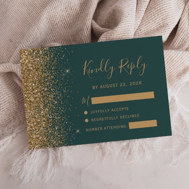 Modern Gold Glitter Edge Dark Green RSVP Card (Creator Uploaded)
