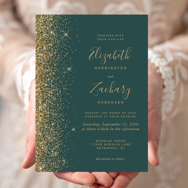 Modern Gold Glitter Edge Dark Green Wedding Invitation (Creator Uploaded)