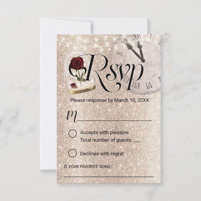 Modern Gold Glitter Fairytale Wedding RSVP Card (Front)