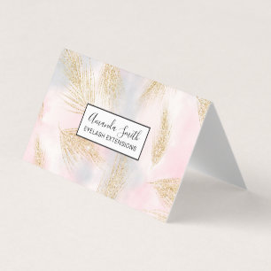 Modern gold glitter feathers pink watercolor business card