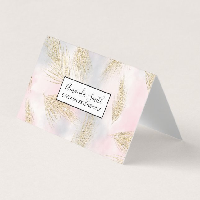 Modern gold glitter feathers pink watercolor business card (Front)