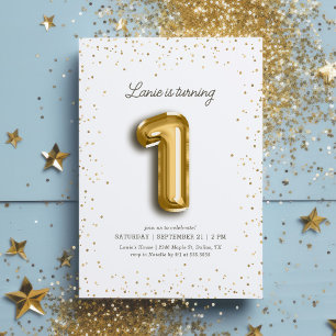 Modern Gold Glitter Foil Balloon 1st Birthday Invitation