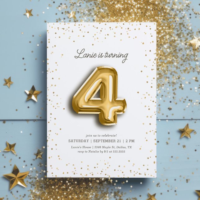 Modern Gold Glitter Foil Balloon 4th Birthday Invitation (Creator Uploaded)