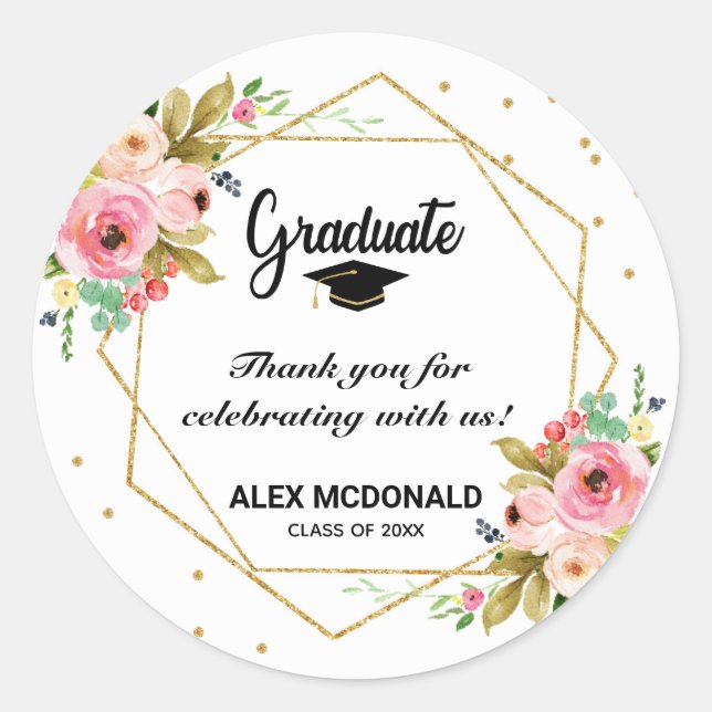 Modern Gold Glitter Geometric Graduation Thank You Classic Round Sticker (Front)