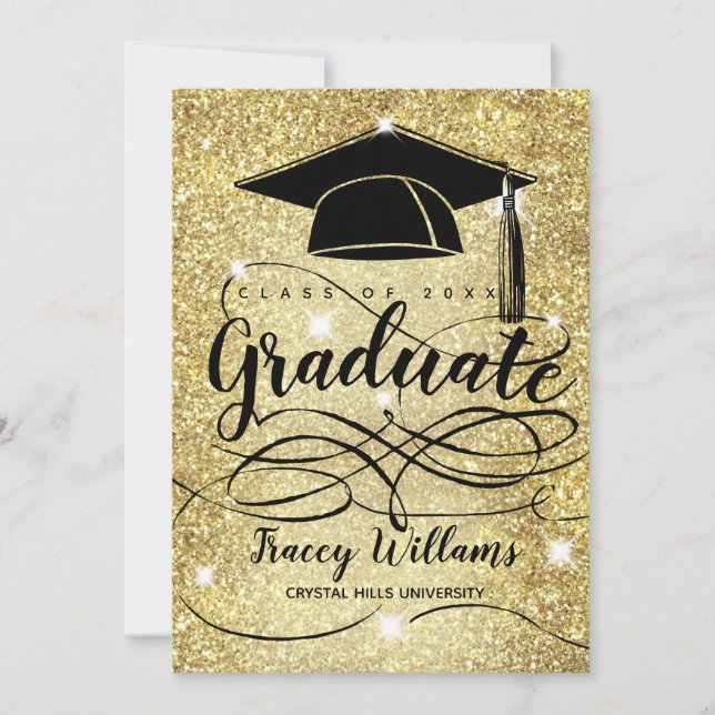 Modern Gold Glitter Graduate Cap Photo Graduation Announcement (Front)