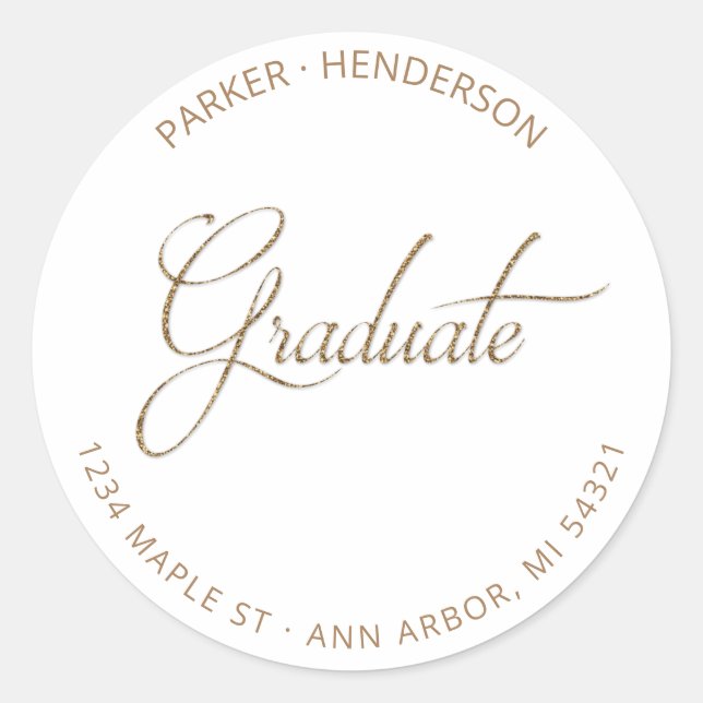 Modern Gold Glitter Graduate Return Address Classic Round Sticker (Front)