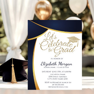 Modern Gold Glitter Graduation Cap,Blue Graduation Invitation