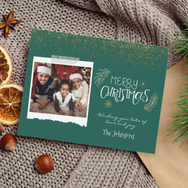 Modern Gold Glitter Green Merry Christmas Photo Holiday Card (Creator Uploaded)