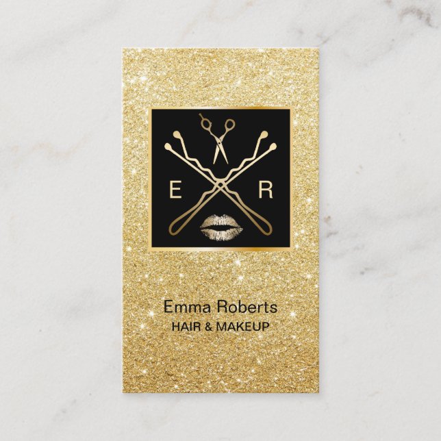Modern Gold Glitter Hair & Makeup Artist Salon Business Card (Front)