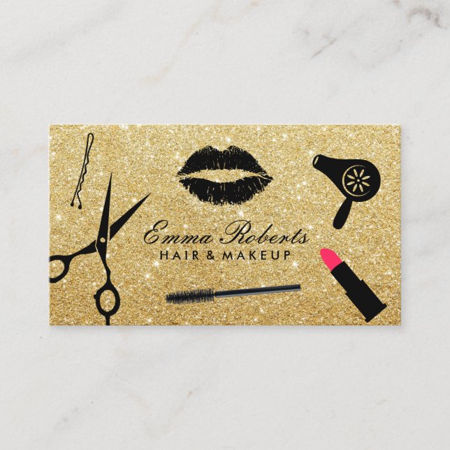 Modern Gold Glitter Hair Stylist Beauty Salon Business Card (Front)