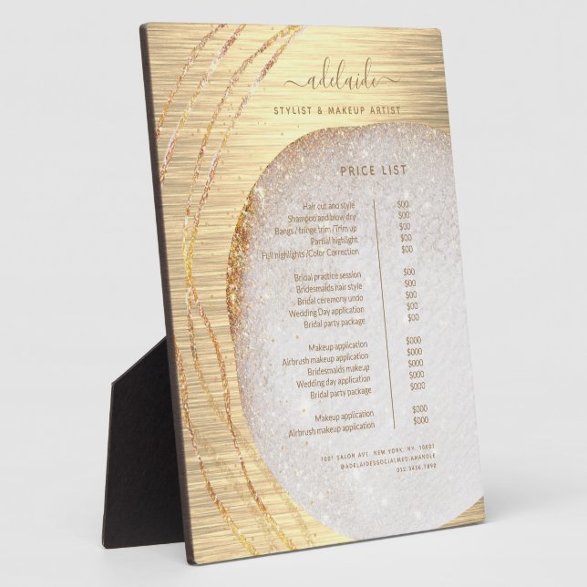 Modern Gold Glitter Hair Stylist Salon Price List Plaque (Side)