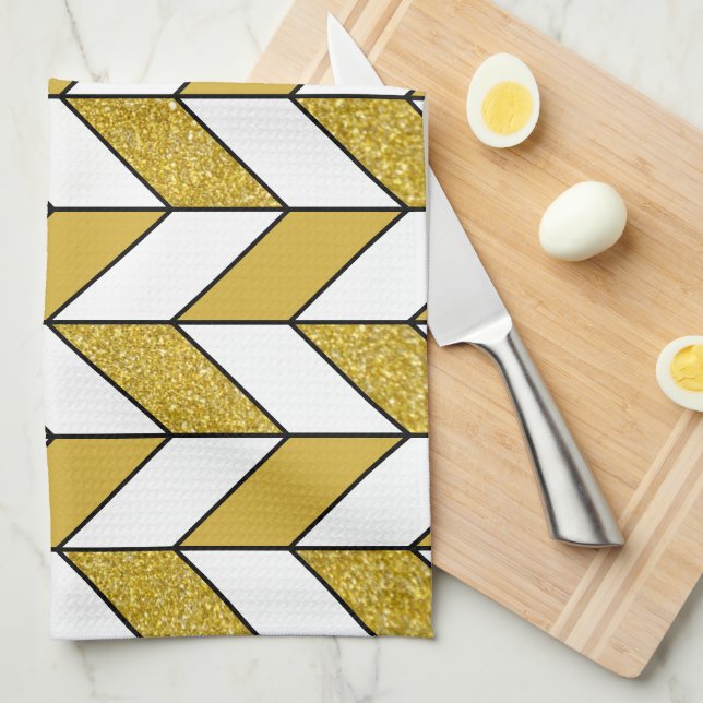Modern Gold Glitter Herringbone Chevron Pattern Tea Towel (Quarter Fold)