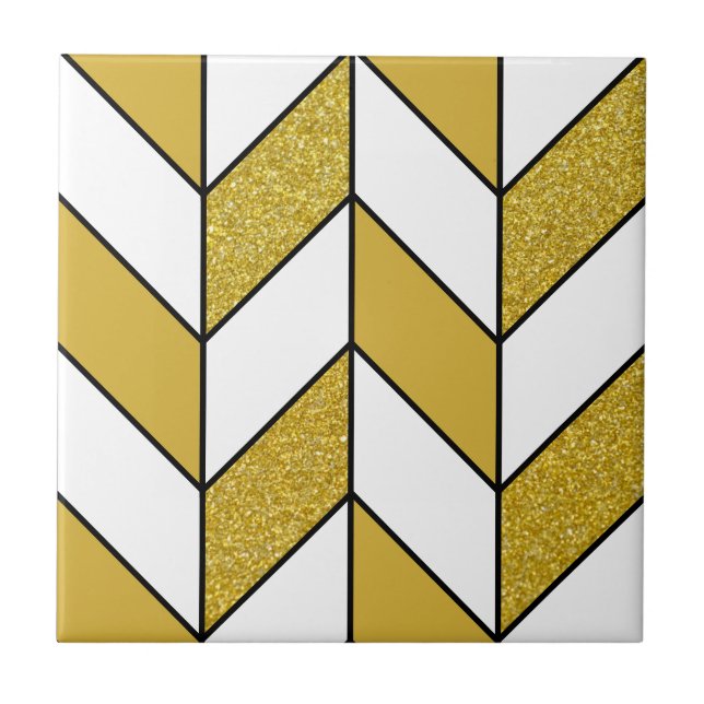 Modern Gold Glitter Herringbone Chevron Pattern v2 Ceramic Tile (Front)