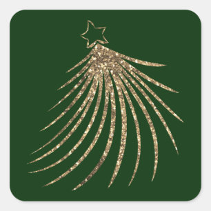 Modern Gold Glitter Holiday Christmas Tree Green Square Sticker