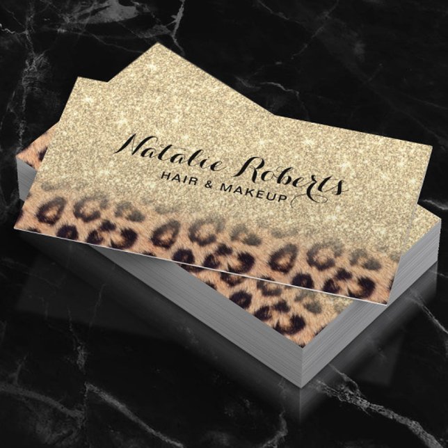 Modern Gold Glitter Leopard Print Beauty Salon Business Card (Creator Uploaded)