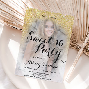 Modern gold glitter marble ombre photo Sweet 16 Invitation