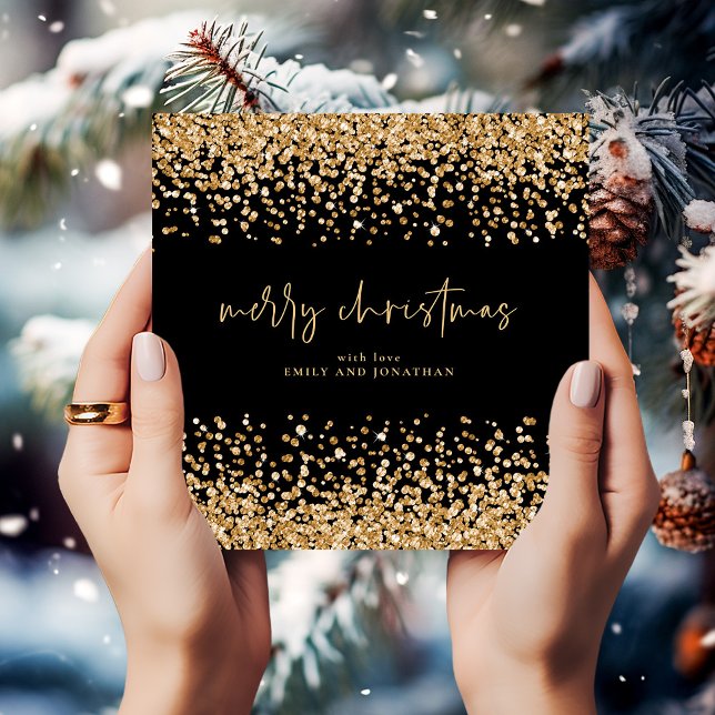 Modern Gold Glitter Merry Christmas Black Invitation (Creator Uploaded)