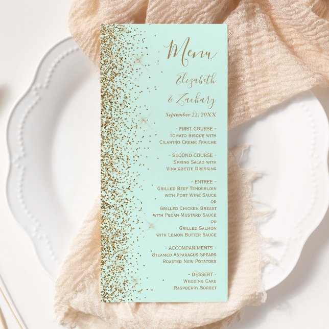 Modern Gold Glitter Mint Green Wedding Menu (Creator Uploaded)