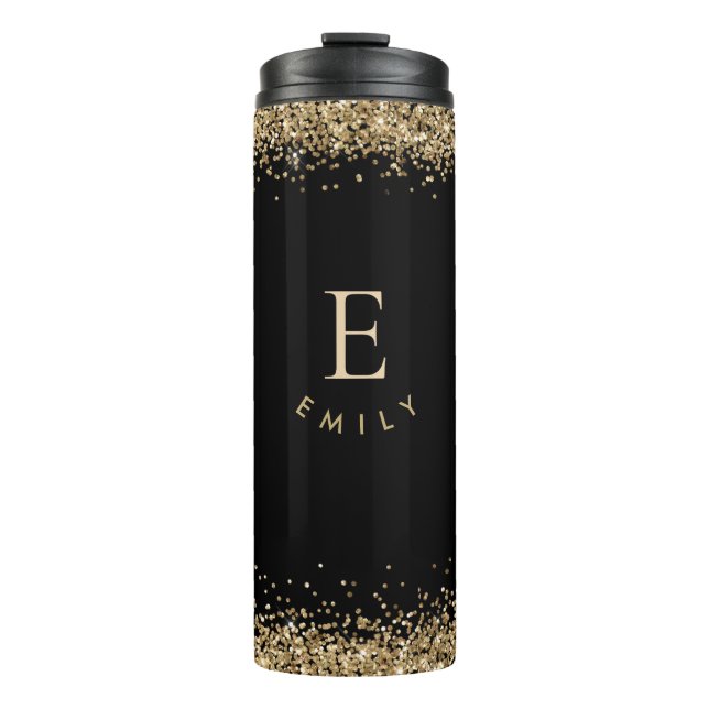 Modern Gold Glitter Monogram initial Name Black Thermal Tumbler (Front)